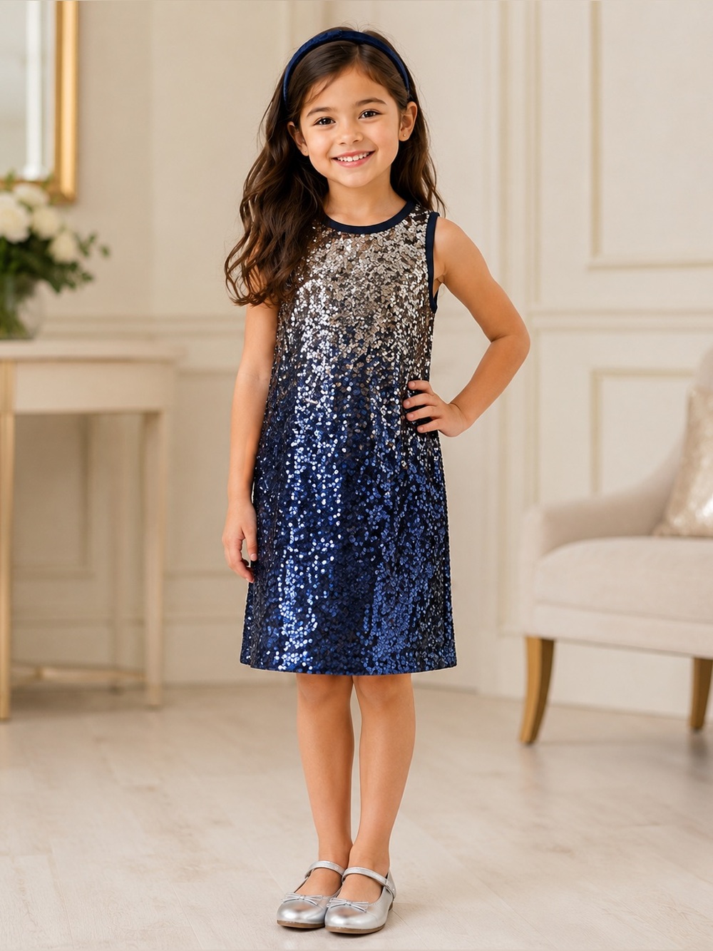 H&M Girls Blue Silver Ombre Sequin Shift‎ Dress 5-6Y Birthday Party
